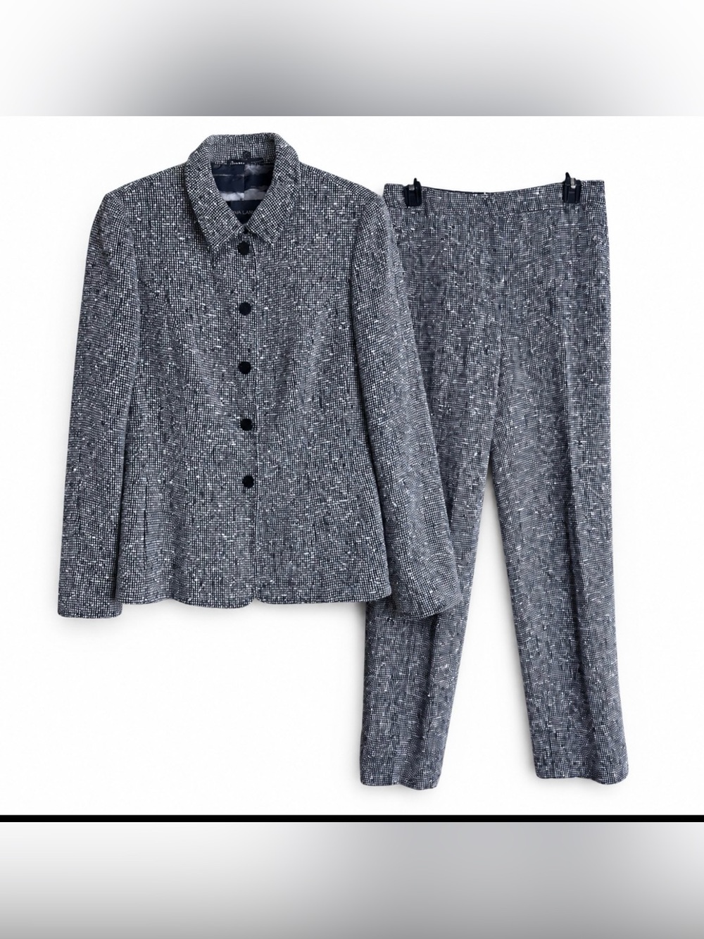 Rena Lange Italy Wool Cotton Tweed Pantsuit Blazer Trousers Black White US 6